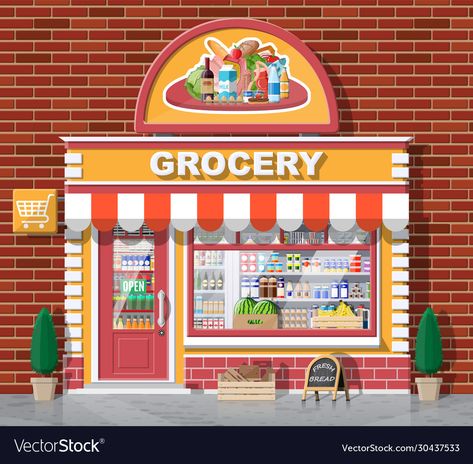 Cartoon Grocery Store, Grocery Store Illustration, Grocery Store Drawing, Supermarket Illustration, Small Grocery Store, Store Cartoon, Groceries Store, Store Illustration, Shop Vector