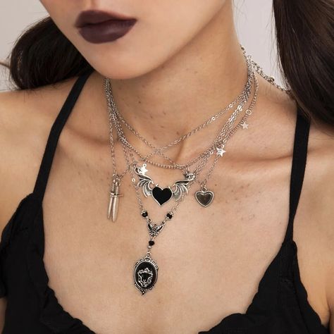 Layered Choker Necklace, Star Charm Necklace, Halloween Necklace, Neck Accessories, Heart With Wings, Gothic Necklace, Multi Layer Necklace, Wing Necklace, Punk Jewelry