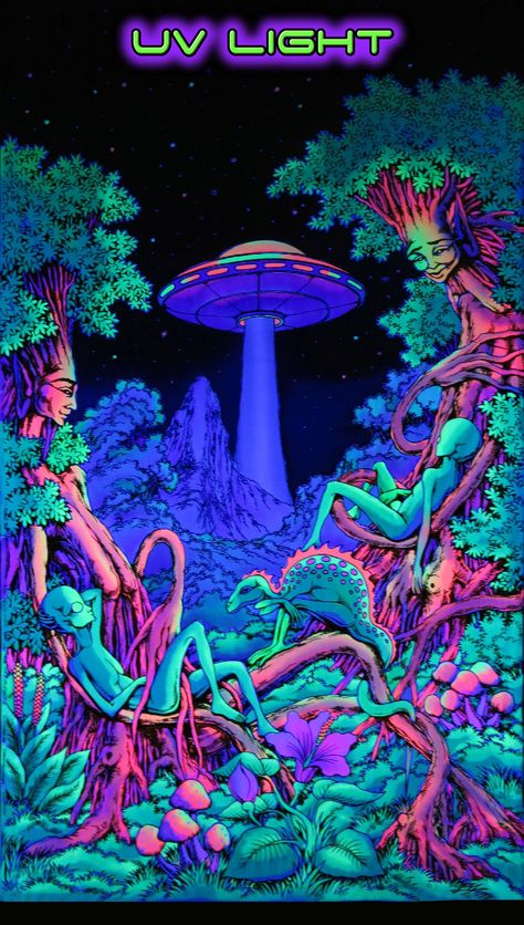 UV light poster {black light} Trippy Wall Art, Trippy Wall, Aliens, Batik, Floating, Wall Hanging, Tapestry, Forest, Wall Art