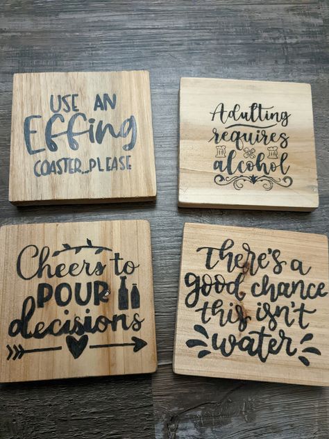 Funny coasters, wooden coasters, coasters, adulting coasters, wine coasters, beer coasters, hot and cold coasters, hand made coasters. 💘I LOVE making these coasters, they are truly fun and I know you will love them as much as I do! These adorable, yet durable, Coasters makes the perfect gift for anyone on your list! This set of coasters come ready to set out on your coffee table, end tables or to give as a gift!  💘 Coasters are hand drawn using a pencil sketched onto the wood. I then begin to Holiday Coasters Diy, Wood Drink Coasters, Quotes For Coasters, Wood Burning Coaster Ideas, Cricut Coaster Ideas Vinyl, Wooden Drink Coasters, Wooden Coaster Design Ideas, Diy Coaster Ideas, Funny Coasters Sayings