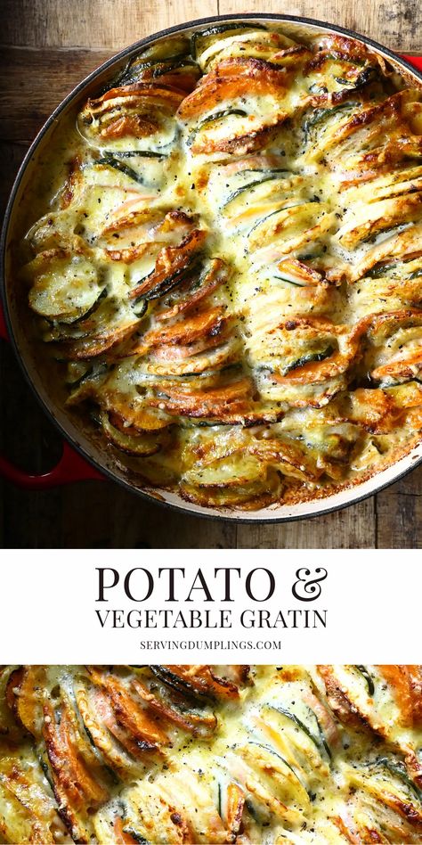 Vegetable Gratin Recipes, Winter Vegetables Recipes, Vegetable Gratin, Sweet Potato Gratin, Thanksgiving Vegetables, Gratin Potatoes, Potato Side Dish, Holiday Side Dish, Vegetarian Thanksgiving