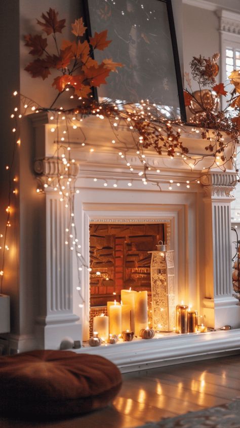 Mantle Fairy Lights, Fireplace Mantle Lighting Ideas, Wall Between Windows Decor, Lights Inside Fireplace, Candles In Front Of Fireplace, Candles On Staircase, Candle Fireplace Ideas, Lights In Fireplace, Fireplace Candles Inside