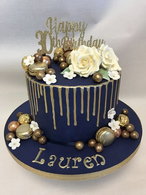 Based on a anniversary design of ours - navy blue and gold theme drip cake for 30th Birthday Navy And Gold Drip Cake, Navy Blue And Gold Cake Birthday, Navy And Gold Birthday Cake, Blue And Gold Cake Birthday, Birthday Cake Blue And Gold, Blue Birthday Cakes For Women, Navy Blue Birthday Cake, Navy Blue And Gold Cake, 30th Birthday Party Cake