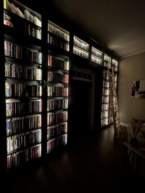 The Librarianologist | Nighttime in my library 🖤🩶🤎 | Facebook Walk In Library, Dark Library Room, Apartment Entry Way, Library Hallway, Apartment Entry, Movie Library, Library At Home, Mini Library, Dream Library