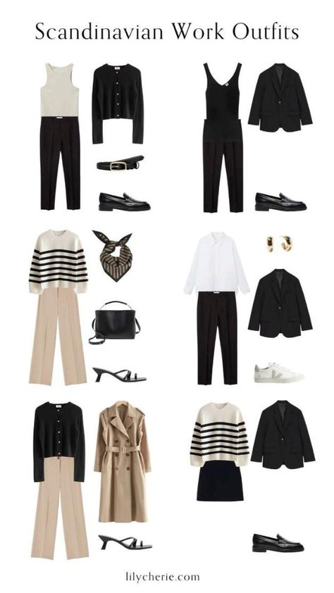 Casual Minimalistic Outfits, Summer Capsule Work Wardrobe 2023, Scandinavian Work Outfit Summer, Minimalist Work Outfit Winter, Casual Style Aesthetic Capsule Wardrobe, Frandinavian Outfit, Going Out Capsule Wardrobe, Minimal Work Wardrobe, Scandinavian Wardrobe Capsule