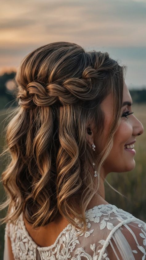 Side Hairstyles For Bridesmaids, Hair Down Shoulder Length Wedding, Should Length Bridesmaid Hair, Wedding Partial Updos For Medium Hair, Short Hair Bridesmaid Hairstyles Curls, Wedding Hair Styles Half Up Half Down Medium Length, Maid Of Honor Hairstyles Half Up Half Down, Bridesmaid Hair For Shoulder Length Hair, Bridal Hair For Medium Length Fine Hair