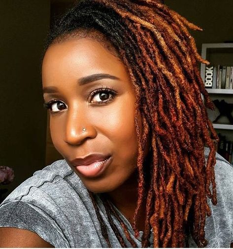 Loving the hair color... Hair goals! Loc Ombre Color, Fall Loc Hair Colors, Loc Color Ideas Black Women Ombre, Fall Color Locs, Color For Locs, Hair Color On Locs, Loc Hair Color Ideas, Locs Color Ideas Black Women, Colored Locs