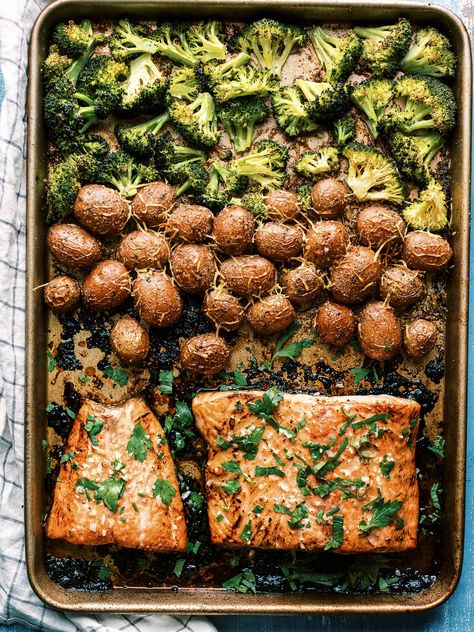 Honey Garlic Salmon With Potatoes and Broccoli SHEET PAN RECIPE - Dad With A Pan One Pan Roasted Salmon With Broccoli And Red Potatoes, Recipe With Salmon, Salmon With Potatoes, Butter Garlic Sauce, Potatoes And Broccoli, Oven Roasted Salmon, Broccoli And Potatoes, Salmon And Broccoli, Honey Garlic Salmon