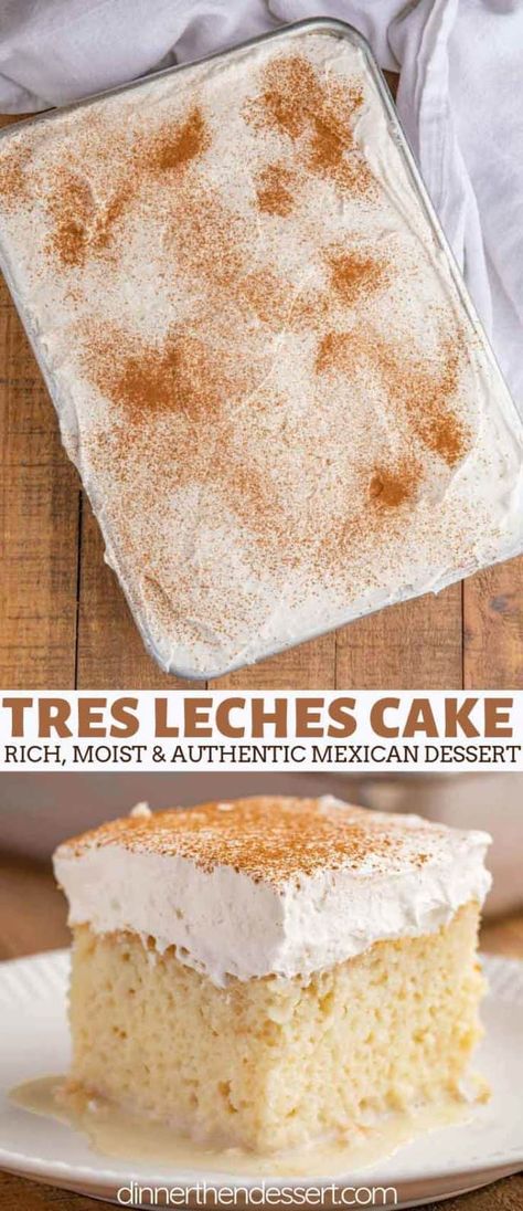 Tres Leches Cake is an authentic Mexican cake soaked in three kinds of milk, topped with whipped cream and cinnamon. The ultimate indulgent dessert recipe! #cake #dessert #mexicanrecipes #baking #tresleches #treslechescake #dinnerthendessert