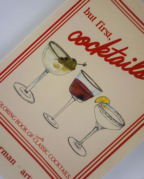 but first, cocktails 🥂 is LIVE! a whole collection to support my new coloring book, “but first, cocktails- a coloring book of mostly classic cocktails” 🍒 the collection includes: 30 page coloring book watercolor painting kit iron on patches cocktail glasses coaster sets .. all perfect accessories for a bar cart 🥂 I’ve been working on this coloring book for over a year now and knew it needed a whole celebration when it launched- cheers friends! ✨ Vintage Cocktail Menu Design, Speakeasy Party Invitation, Cocktail Card Design, Cocktail Branding, Branded Collateral, Retro Cocktails, Cocktail Menu Design, Cocktail Recipe Cards, Bar Menu Design