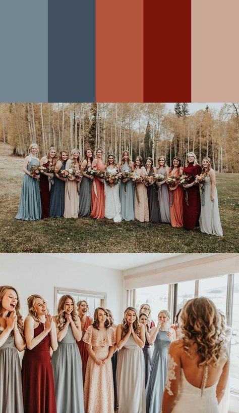 From blue to red this bride gang totally nailed complementary colors game | Image by Karra Leigh Photography #bridesmaidsdresses #mismatchedbridesmaidsdress Bridesmaid Dresses Color Palette, Bridesmaids Dress Color, Different Bridesmaid Dresses, Fall Bridesmaids, Fall Bridesmaid Dresses, Mismatched Bridesmaid Dresses, Weddings By Color, Bridesmaid Dress Colors, Fall Wedding Colors