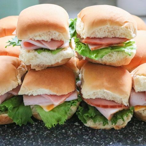 Ham and Turkey Sliders (make-ahead sandwiches for lunch) - Fab Everyday Slider Sandwiches For Party, Cold Ham Sandwiches, Cold Meat Sliders, Deli Sliders Cold, Turkey Party Sandwiches, Ham Party Sandwiches, Ham And Cheese Sandwiches Cold For Party, Slider Sandwiches Cold, Make Ahead Party Sandwiches