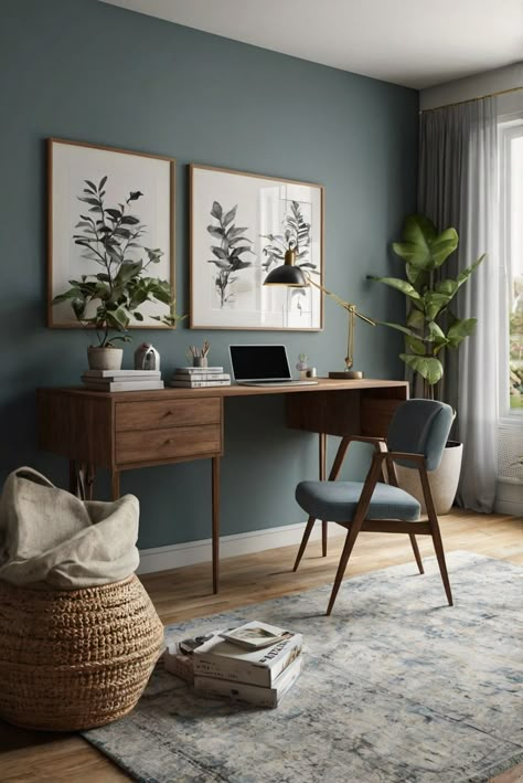 Bedroom Office Color Ideas, Office Simple Decor, Bright Study Room, Ideas For Office At Home, Home Office Ideas Paint Colors, Greige Office Ideas, Room Inspo Wall Color, Earthy Modern Office, North Facing Office