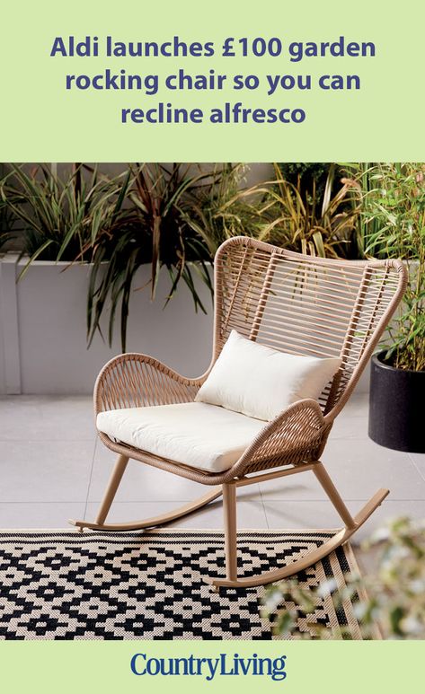 Budget supermarket Aldi is selling a garden rocking chair so you can relax and recline in style this summer — and it's right at the top of our wish list. Available to pre-order online now, the rope-style Gardenline Rocking Chair (£99.99) has cosy white seat cushions, a powder-coated steel frame, and additional waist padding so you can drift off in complete comfort. Best of all, its curved legs means you can gently rock with your favourite tipple. Garden Rocking Chair, Stylish Master Bedrooms, Bookshelf Chair, Bookshelves In Bedroom, Wooden Gazebo, Rattan Garden Furniture, Outdoor Rocking Chairs, Wicker Sofa, Relax And Unwind