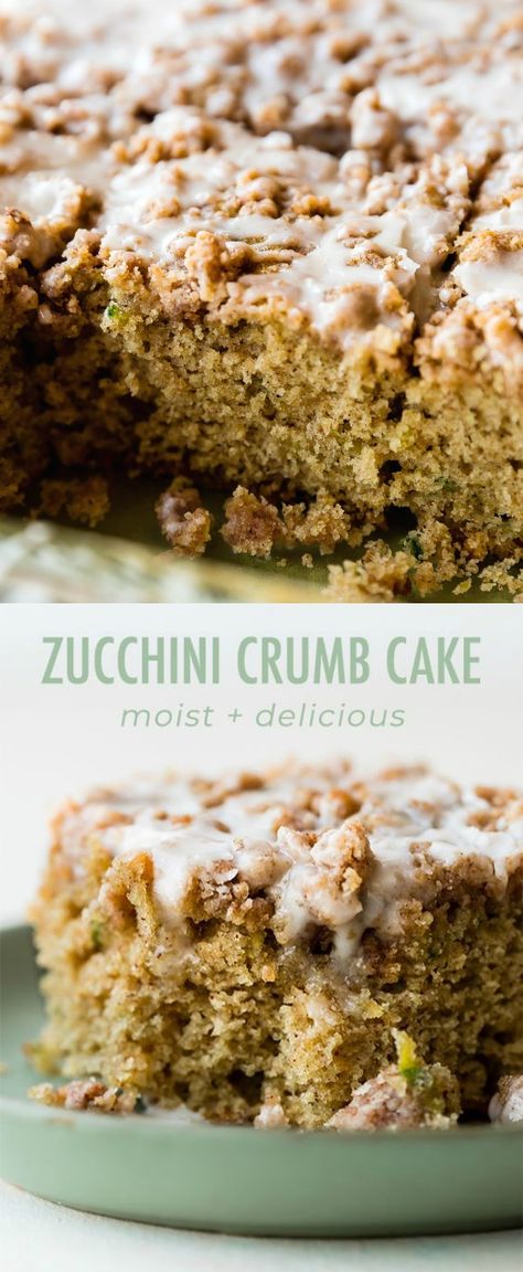 Zucchini crumb cake is moist, spiced with cinnamon, topped with brown sugar crumble, and sweet vanilla icing! You can't even tell you're eating your veggies! Delicious coffee cake recipe on sallysbakingaddiction.com Zucchini Cakes Recipe, Crumb Cake Recipe, Coffee Cake Recipe, Vanilla Icing, Zucchini Bread Recipes, Delicious Coffee, Coffee Cake Recipes, Crumb Cake, Savoury Cake