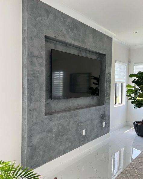 Beautiful, elegant venetian plaster TV accent wall for this home, custom gray color, 🖤 just spectacular, Exotic Style! Concrete Media Wall, Gray Venetian Plaster Walls, Venetian Plaster Tv Wall, Venetian Plaster Walls Bedroom, Venetian Plaster Media Wall, Plaster Tv Wall, Plaster Accent Wall, Tv Accent Wall, Venetian Decor