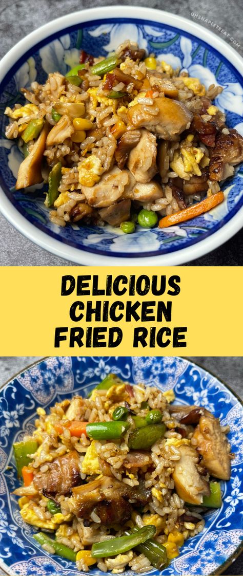 Delicious chicken fried rice - made with chicken, veggies, eggs, and rice with some tasty sauce! Perfect for lunch or dinner! Authentic Chicken Fried Rice, Chicken Rice Stir Fry, Asian Rice Dishes, Chinese Chicken And Rice, Chicken Stir Fry Rice, Chinese Fried Rice Recipe, Eggs And Rice, Best Fried Rice Recipe, Fried Rice Dishes