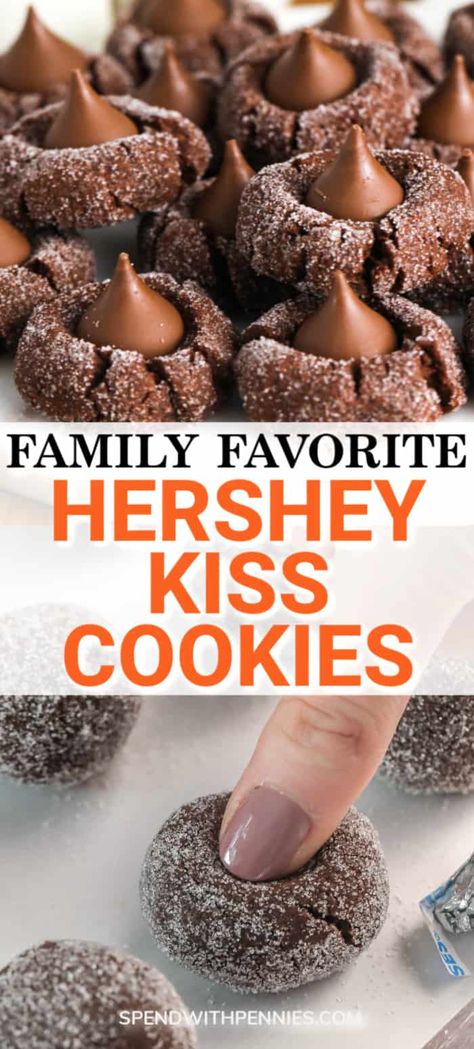 Thumbprint Cookies Hershey Kiss, Cookies Thumbprint, Kiss Cookie Recipe, Chocolate Kiss Cookies, Hershey Kiss Cookies, Chocolate Thumbprint Cookies, Thumbprint Cookies Recipe, Kiss Cookies, Chocolate Sugar Cookies