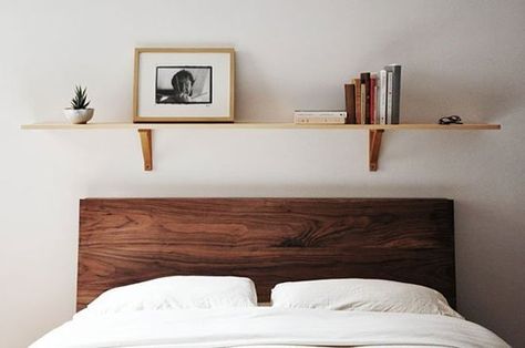 Versatile Bedroom Decor: Shelves Above the Bed | Apartment Therapy Shelf Above Bed, Decor Shelves, Headboard With Shelves, Bed Apartment, Bed Shelves, Wooden Headboard, Gorgeous Bedrooms, White Sheets, Shelves In Bedroom