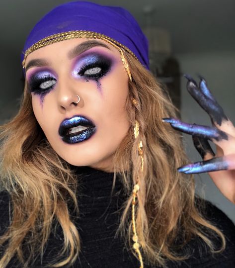 Seer Halloween Costumes, Spooky Fortune Teller Costume, Halloween Makeup Fortune Teller, Fortune Teller Halloween Makeup, Fortune Teller Make Up, Fortune Teller Costume Makeup, Seer Makeup, Fortune Teller Hair, Fortune Teller Nails