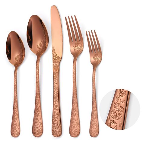 PRICES MAY VARY. 30 PIECE VINTAGE CUTLERY SET 6 ROSE GOLD/COPPER SILVERWARE SET is the great way to add elegance to your dining table. Made from high-quality stainless steel, this set features a beautiful floral embossing with a soft copper color, adding a touch of vintage charm. Thickened and durable material is used to ensure long-lasting use while the mirror-polished finish and round wide handles create a comfortable dining experience designed specifically for hosting dinner parties COMPLETE 30 PIECE SET: Introducing the Retro Vintage Floral Relief 30 Piece Tableware Set, the complete set for your dining needs. With a stunning hollow relief design, each piece is crafted with precision and made to last. Perfect for hosting dinner parties, events, or everyday use, this set is sure to elev Copper Silverware, Gold Silverware, Stainless Steel Silverware, Gold Flatware, Color Cobre, Vintage Cutlery, Vintage Flatware, Floral Set, Copper Rose