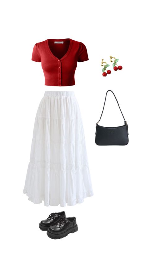 cherry on top | red Red Skirt Outfits, White Skirt Outfit, Modest Girly Outfits, Street Style Outfits Casual, White Skirt Outfits, School Fit, Cute Modest Outfits, Modest Dresses Casual, Everyday Fashion Outfits