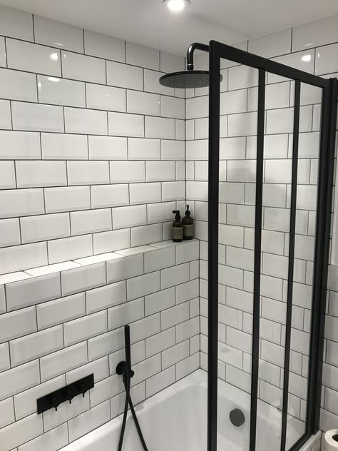 White Metro Tiles Bathroom Grey Grout, Black And White Metro Tiles Bathroom, White Bathroom Tiles With Grey Grout, White Tiles Grey Grout Bathroom, White Tiles Black Grout Bathroom, Bathroom Black Grout, White Metro Tiles Bathroom, Small Black And White Bathroom Ideas, Metro Tile Bathroom