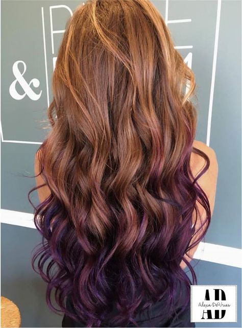 Purple And Brown Hair, Pink Hair Tips, Dyed Ends Of Hair, Purple Brown Hair, Coffee Brown Hair, Caramel Ombre, Dyed Tips, Hair Dye Tips, Purple Ombre Hair