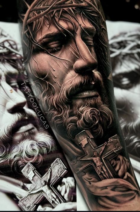 Religous Tattoo Arm Sleeve, Mexican Trible Tattoos, Jesus Tatoos Ideas, Religious Tattoos Sleeve, Jesus Carrying The Cross Tattoo, Jesus Tattoo Men, Lords Prayer Tattoo, Church Tattoo Design, Jesus Sleeve Tattoo