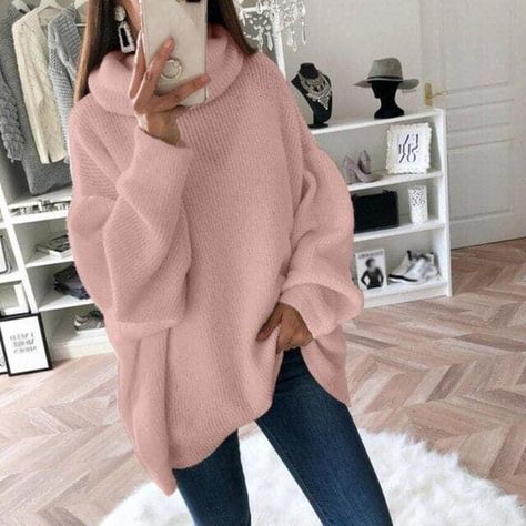 728f206c2a01bf572b5940d7d9a8fa4cdesc50653140ri Casual Sweaters Women, Winter Turtleneck, Oversize Pullover, Korean Fashion Casual, Solid Sweaters, Scarf Casual, Estilo Chic, High Neck Sweater, Long Sleeve Knit Sweaters