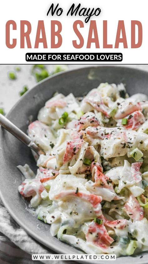 This creamy crab salad is a lighter version of the original with no mayo! Fresh herbs and lemon make it bright. The best imitation crab salad recipe! Crab Recipes Healthy, Immitation Crab Recipes, Shrimp And Crab Salad, Crab Meat Salad Recipe, Crab Salad Sandwich, Crab Meat Salad, Crab Pasta Salad, Seafood Soups, Crab Pasta