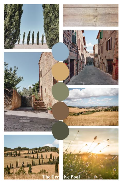 A green and brown earth tone color scheme with a pop of blue | Follow for more color inspo! #branding #colorpalette #colorinspiration #brandcolors Earth Tone Color Palette Blue And Green, Earth Tone Blue Color Pallets, Winery Mood Board, Tuscany Colour Palette, Earth Tones With A Pop Of Color, Earthy Tones Branding, Ireland Color Palette, Winery Color Palette, Italian Mood Board