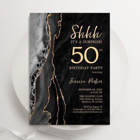 $1.85 | Black Gold Agate Surprise 50th Birthday Invitation #surprise50thbirthday #agateblackgold #womensbirthday #marble #adult #shhhitsasurprise #glittergold #modernelegant #trendy #glamchicspark Gold Invitations Birthday, Bday Invitation Card, 50th Birthday Invite, Black Tie Invitation, Surprise 50th Birthday Party, Elegant Birthday Invitations, Surprise 50th, 50th Birthday Invitation, Womens Birthday