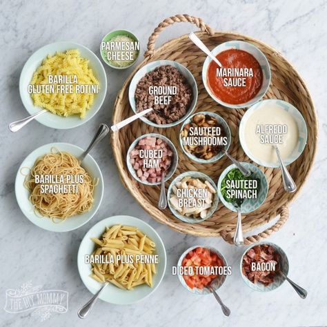 Family Supper Idea: A DIY Pasta Bar                                                                                                                                                                                 More Diy Pasta Bar, Pasta Bar Party, Supper Idea, Family Pasta, Diy Pasta, Party Food Bars, Diy Dinner, Family Supper, Potato Bar