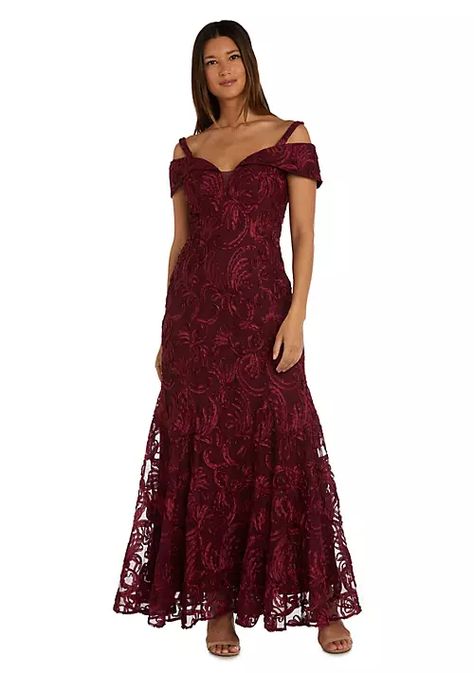 R & M Richards 1Pc Long Embroidered Soutache Notch Front Godet Dress | belk Formal Dresses Plus Size, Godet Dress, White Dress Styles, Backless Dress Short, Long Sleeve Homecoming Dresses, Designer Formal Dresses, Red Quinceanera Dresses, Emerald Bridesmaid Dresses, Green Homecoming Dresses