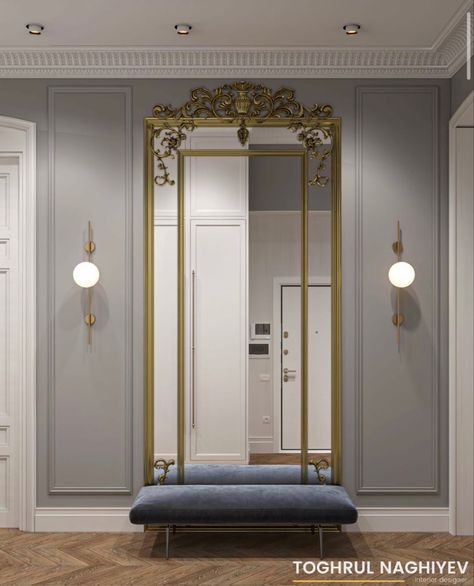 Home Entrance Decor Luxury, Classic Mirror Wall, Neoclassical Interior, Art Deco Interior Design, Luxury House Interior Design, Foyer Design, Home Entrance Decor, Home Design Living Room, Framed Mirror