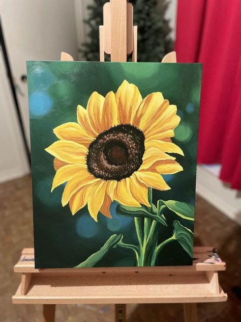 My acrylic painting | Followed a tutorial and was really happy how it turned out Sun Flower Canvas Painting, Mini Sunflower Painting, Sunflower Painting Simple, Sunflower Painting Acrylic Canvases, Painting Ideas On Canvas Sunflower, Sunflower Art Drawing, Acrylic Sunflower Painting, Sunflower Painting Acrylic, Sunflower Canvas Painting