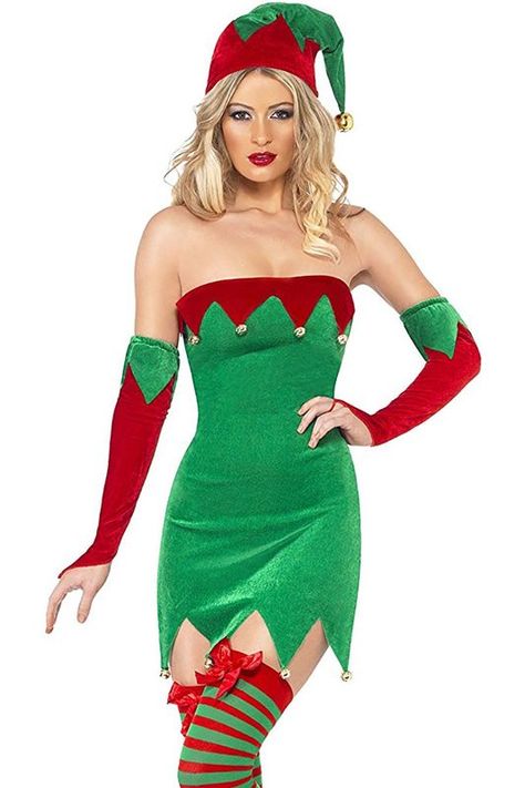 Four Piece Sexy Christmas Elf Costume includes Velour Dress with Jingle Bells, Matching Hat, and Gauntlets. Elf Fancy Dress, Christmas Elf Costume, Elf Dress, Christmas Fancy Dress, Christmas Lingerie, Elf Clothes, Elf Costume, Holiday Costumes, Christmas Costumes