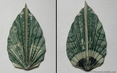 Dollar Bill Origami Leaf: Easy Folding Guide Money Leaf Origami Dollar Bills, Dollar Lei, Easy Money Origami, Money Origami Tutorial, Money Leaf, Money Lei Diy, Origami Leaf, Money Folding, Origami Leaves