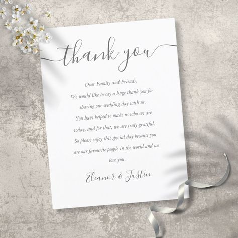 Wedding Reception Script Thank You Place Card | #wedding #thankyou #weddingreceptionguestthankyou #stylish #simple #grayandwhite #engagement #elegantmodernscripttypography #minimalist #romanticwhimsical Thank You Note Wording, Shop Wedding Reception, Wedding Thank You Messages, Wedding Wishes Messages, Wedding Guess, Typography Minimalist, Wedding Reception Guest, Wedding Thank You Postcards, Appreciation Message