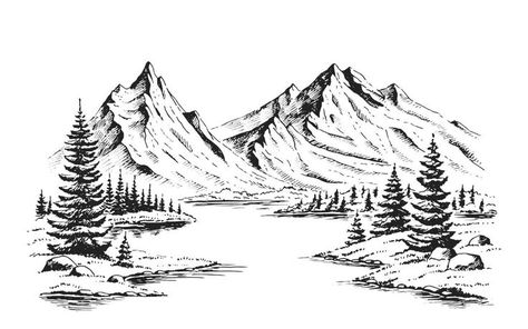 Lake Graphic, Mountain Vector, Forest Sketch, Mountain Sketch, Landscape Pencil Drawings, Drawing Scenery, Forest Drawing, Mountain Drawing, Nature Art Drawings