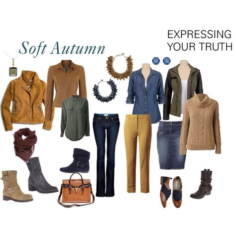 “Soft Autumn” by expressingyourtruth on Polyvore So many capsule wardrobes center around semi-formal clothing. This is a great casual combination that could be a wardrobe for a season or (with a few less shoes) an interesting combination for a fall/winter vacation. #newyearstylechallenge Soft Autumn Deep, Autumn Color Palette Fashion, Soft Autumn Palette, Soft Autumn Color Palette, Autumn Outfit Ideas, Deep Autumn, Soft Autumn, Capsule Outfits, Fall Capsule Wardrobe