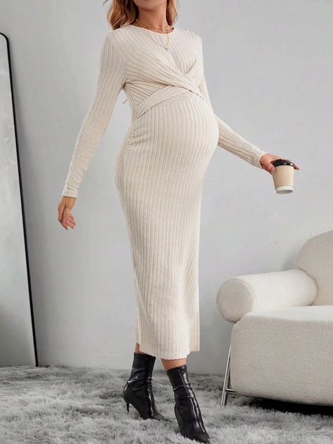 SHEIN Solid Color Maternity Wrap Cross Ribbed Textured Dress | SHEIN USA Textured Dress, Maternity Dresses, Dress P, Solid Color, Free Shipping, Dresses, Color