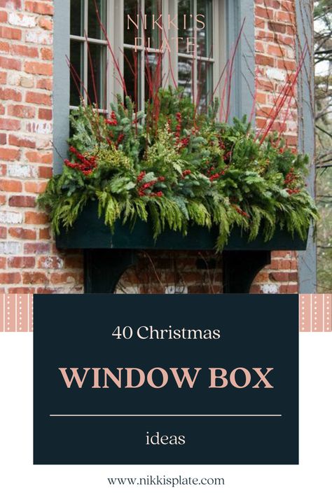 Christmas window boxes ideas; a list of all the beautiful Christmas window box designs and decor ideas. Christmas Wreath Outside Windows, Xmas Window Boxes, Christmas Window Box Decor, Window Box Winter Ideas, Window Box Winter, Christmas Window Boxes Outdoor Diy, Christmas Outdoor Window Boxes, Window Ideas For Christmas, Winter Window Boxes Outdoor