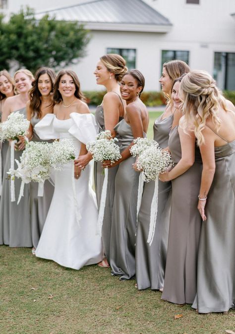 Grey Silver Bridesmaid Dresses, Silver Wedding Bridesmaid Dresses, Satin Grey Bridesmaid Dresses, Charcoal Gray Bridesmaid Dresses, Slate Grey Bridesmaid Dresses, Silver Satin Bridesmaid Dresses, Grey Groomsmen Suits With Bridesmaids, Grey Satin Bridesmaid Dresses, Light Gray Bridesmaid Dresses