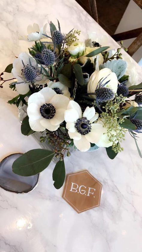 grey + white centerpiece flowers White Centerpiece Flowers, Thistle Centerpiece, Anemone Centerpiece, Navy Centerpieces, Thistle Wedding Flowers, Thistle Wedding, White Centerpiece, Wedding Shower Decorations, Navy Flowers