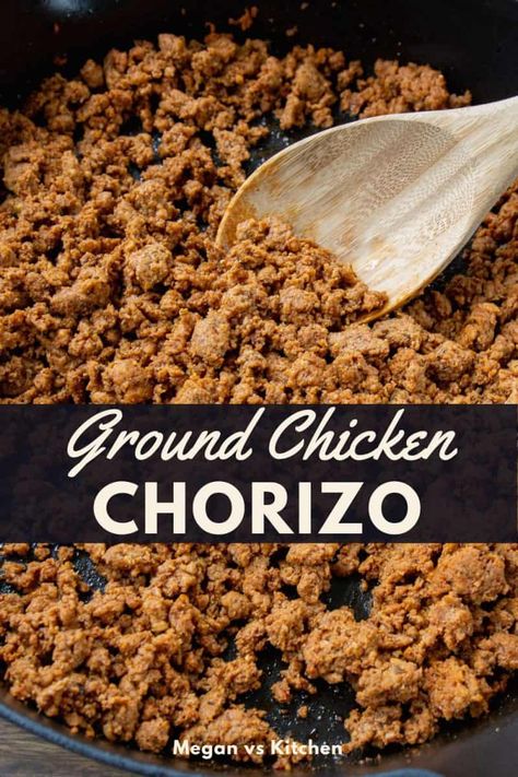 This is my favorite thing to make with ground chicken! Ground Chicken Chorizo is made with ground chicken, a ton of spices, and red wine vinegar. It tastes just like Mexican chorizo, but it's made with chicken! It’s great substitute for chorizo tacos, quesadillas, eggs, and so much more. Chicken Chorizo Recipe, Chicken Breakfast Recipes, Taco Recipes Mexican, Chorizo Recipe, Homemade Chorizo, Chorizo Tacos, Chorizo Breakfast, Spanish Rice Recipe, Healthy Ground Turkey