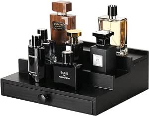 Black Wooden Cologne Organizer for Men - 3 Tier Wooden Perfume Display Stand with Drawer and Hidden Compartment for Organizing and Storing, Cologne Holder Shelf for Dresser Cologne Organizer For Men, Cologne Organizer, Closet Storage Accessories, Perfume Display, Perfume Organization, Secret Compartment, Ceiling Fan In Kitchen, Vanity Tray, Bath Fixtures