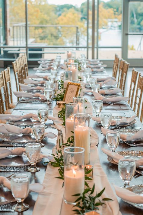 For a simple and classic design, a long table with simple greenery and candles works well. Plain Table Decor Wedding, Sage Dessert, Rectangle Table Centerpieces Wedding, Rectangle Table Centerpieces, Long Table Decorations, Long Table Wedding, Raspberry Yogurt, Dessert Spread, Traditional Wedding Cake