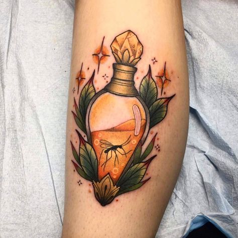 Flask Tattoo, Liquid Luck, Left Arm Tattoos, Luck Tattoo, Felix Felicis, Bottle Tattoo, Vegan Tattoo, Bouquet Tattoo, Fusion Ink